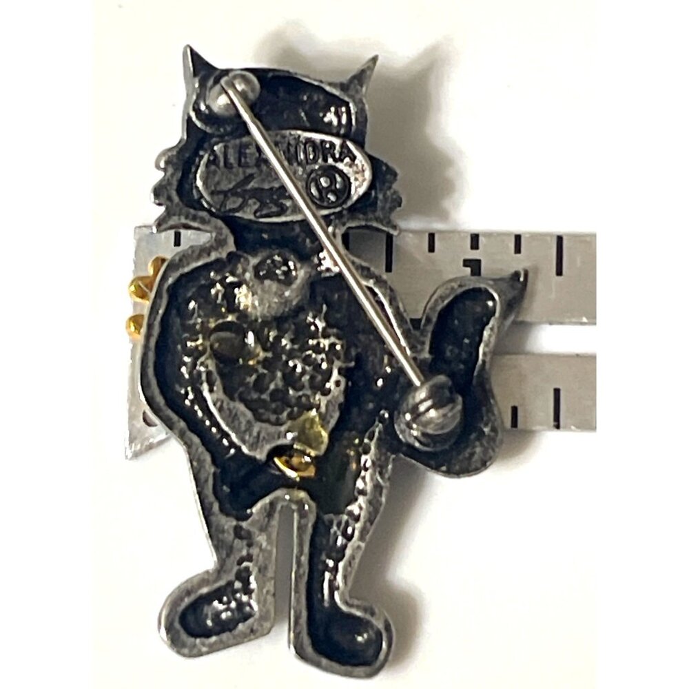 Alexandra Gentleman Cat Brooch Pin Pewter Gold-Tone Flowers Whimsical Design - Picture 5 of 6
